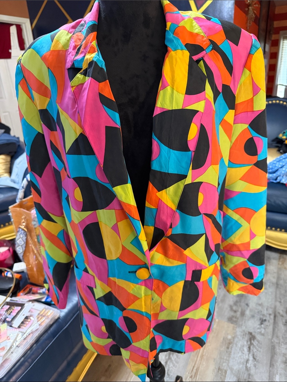 Carol Horn Vintage Women's Vibrant Silk Multicolor Geometric Blazer
